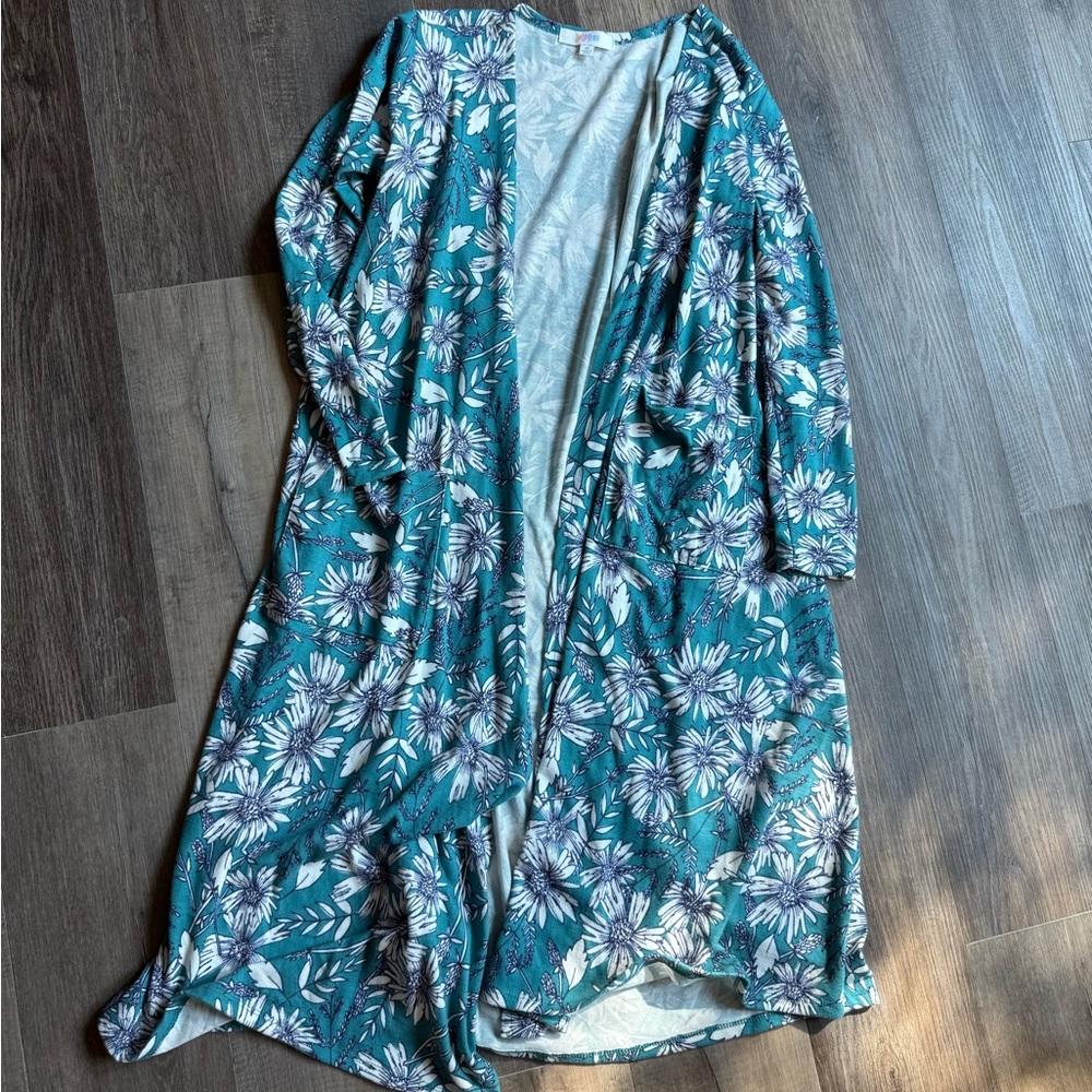 LuLaRoe Teal and White Floral Kimono
